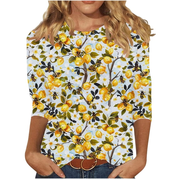 CYMMPU Bee Pattern 3/4 Sleeve Round Neck Loose Fit Summer Trendy Shirts Blouses for Women Dressy Casual Spring Tunic Tops Lightweight Basic Tees M