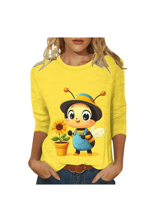 Bee Pattern 3/4 Sleeve Round Neck T-Shirts Spring Tops Blouses for Women Dressy Casual Loose Fit Summer Fashion Shirts Cute Animals T-Shirts Yellow XXXXXL