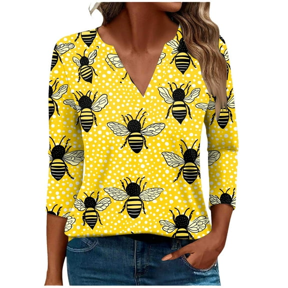 CYMMPU Bee Pattern 3/4 Sleeve V Neck Blouses for Women Dressy Casual Spring Tops Fall Fashion Shirts T-Shirts Loose Fit Business Elegant Work Topss Multicolor XL