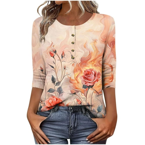 CYMMPU Blouses for Women Dressy Casual Button up Crew Neck Tunic Tops Summer Fashion Shirts 3/4 Sleeve Spring Tops Loose Fit Flower Printed Business Elegant Work Topss Orange S