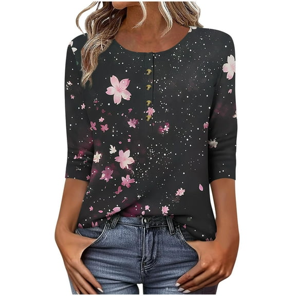 CYMMPU Blouses for Women Dressy Casual Button up V Neck 3/4 Sleeve Tunic Tops Loose Fit Summer Fashion Shirts Spring Tops Flower Printed Business Elegant Work Topss Black XXXL