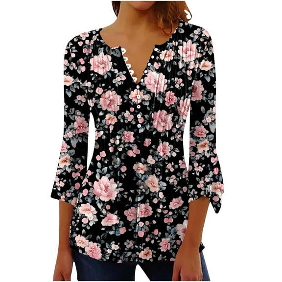 CYMMPU Blouses for Women Dressy Casual Button V Neck Flare Sleeve 3/4 Sleeve Spring Tops Flower Pattern Fall Fashion Shirts Tunic Tops Loose Fit Empire Waist A Line T-Shirts Multicolor S