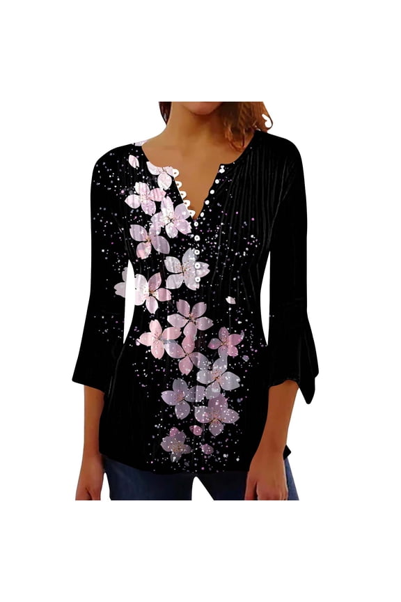Blouses for Women Dressy Casual Button V Neck Flare Sleeve 3/4 Sleeve Spring Tops T-Shirts Loose Fit Floral Pattern Fall Fashion Shirts Pleated Dressy T-Shirts Multicolor L