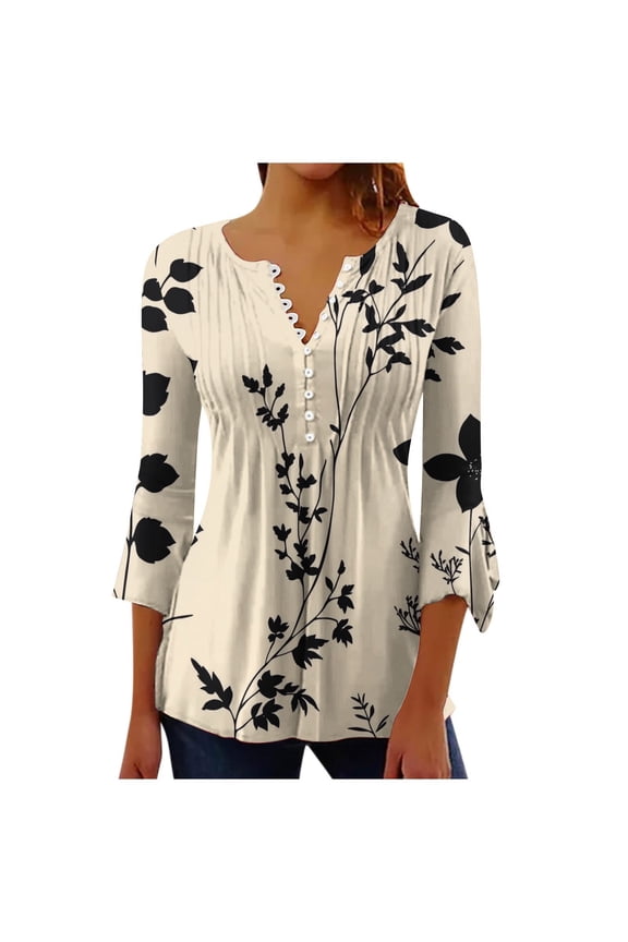 Blouses for Women Dressy Casual Button V Neck Flare Sleeve Floral Pattern 3/4 Sleeve Fall Trendy Shirts Loose Fit Tunic Tops Spring Tops Pleated Dressy T-Shirts 14