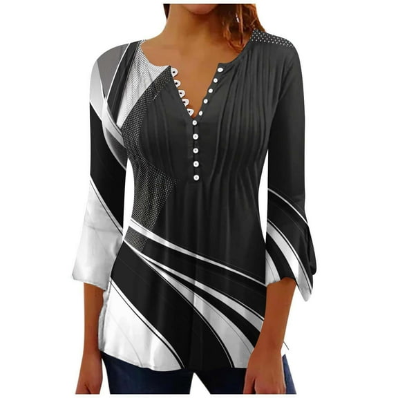 CYMMPU Blouses for Women Dressy Casual Button V Neck Flare Sleeve Flower Printed Loose Fit 3/4 Sleeve Spring Tunic Tops Fall Fashion Shirts Pleated Dressy T-Shirts XL