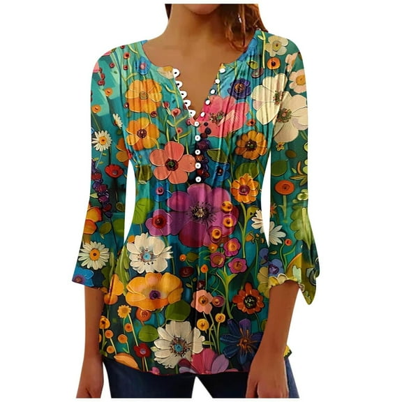 CYMMPU Blouses for Women Dressy Casual Button V Neck Flare Sleeve Spring Tunic Tops Loose Fit Flower Pattern Summer Fashion Shirts 3/4 Sleeve Pleated Dressy T-Shirts Multicolor S