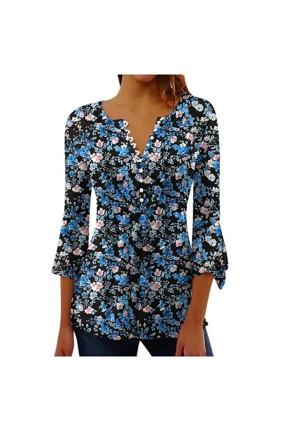 Blouses for Women Dressy Casual Button V Neck Flare Sleeve Summer Fashion Shirts Loose Fit Spring Tops T-Shirts Flower Pattern 3/4 Sleeve Empire Waist A Line T-Shirts Multicolor L