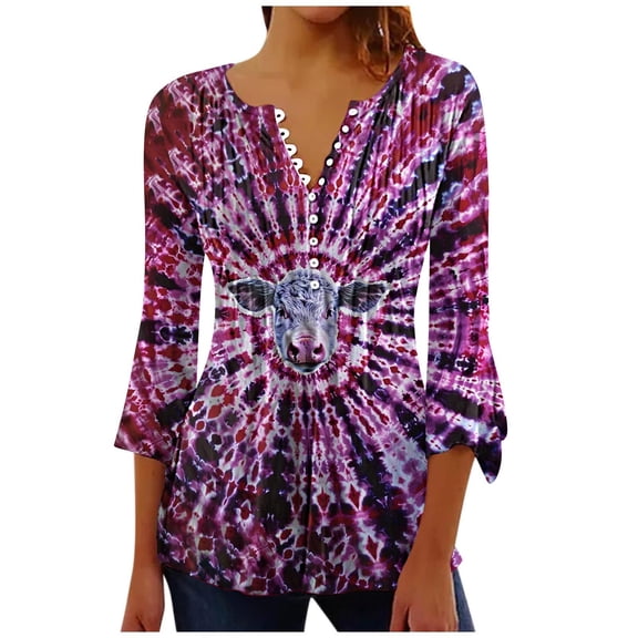 CYMMPU Blouses for Women Dressy Casual Button V Neck Flare Sleeve Tie Dye Loose Fit Tunic Tops 3/4 Sleeve Fall Trendy Shirts Spring Tops Pleated Dressy T-Shirts Multicolor S