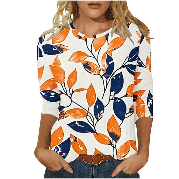 CYMMPU Blouses for Women Dressy Casual Crew Neck 3/4 Sleeve Flower Pattern Spring Tops Summer Trendy Shirts Tunic Tops Loose Fit Lightweight Basic Tees 22