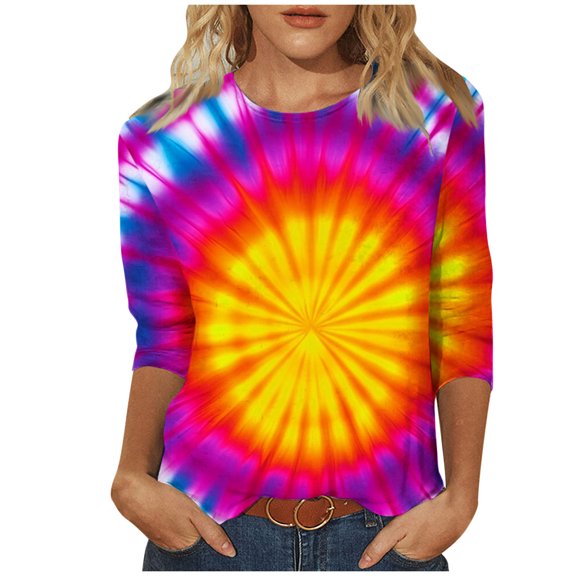 CYMMPU Blouses for Women Dressy Casual Crew Neck Fall Fashion Shirts Spring Tunic Tops Loose Fit 3/4 Sleeve Floral Pattern Lightweight Basic T-Shirts Orange L