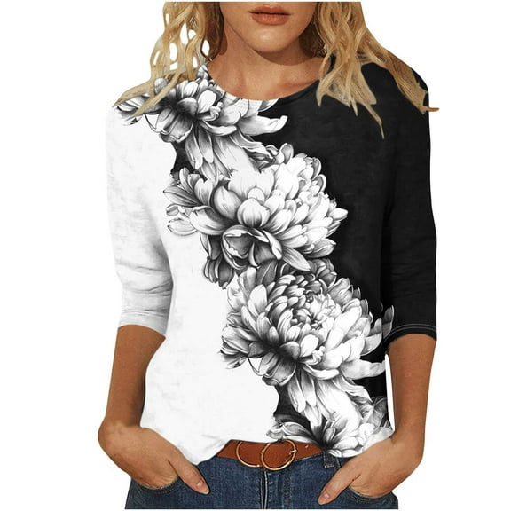 CYMMPU Blouses for Women Dressy Casual Crew Neck Floral Pattern Fall Fashion Shirts Spring Tops Loose Fit 3/4 Sleeve Tunic Tops Lightweight Basic T-Shirts Multicolor XXL