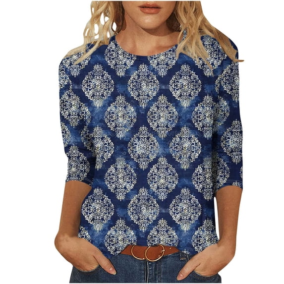 CYMMPU Blouses for Women Dressy Casual Crew Neck Floral Pattern Summer Trendy Shirts Tunic Tops Spring Tops Loose Fit 3/4 Sleeve Lightweight Basic Tees Multicolor L