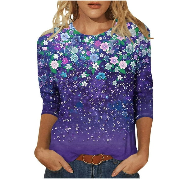CYMMPU Blouses for Women Dressy Casual Crew Neck Floral Printed Spring Tops 3/4 Sleeve T-Shirts Fall Fashion Shirts Loose Fit Lightweight Basic T-Shirts Multicolor XXL