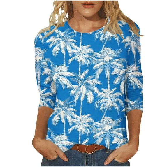 CYMMPU Blouses for Women Dressy Casual Crew Neck Flower Pattern Loose Fit 3/4 Sleeve Spring Tops Summer Trendy Shirts Tunic Tops Lightweight Basic Tees Multicolor XXXL