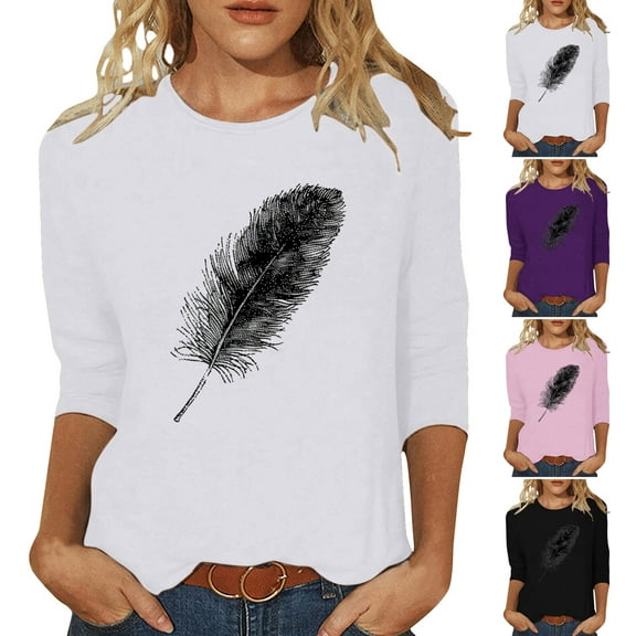 CYMMPU Blouses for Women Dressy Casual Crew Neck Loose Fit Fall Trendy Shirts 3/4 Sleeve Tunic Tops Flower Printed Spring Tops Lightweight Basic Tees Purple XXXXXL