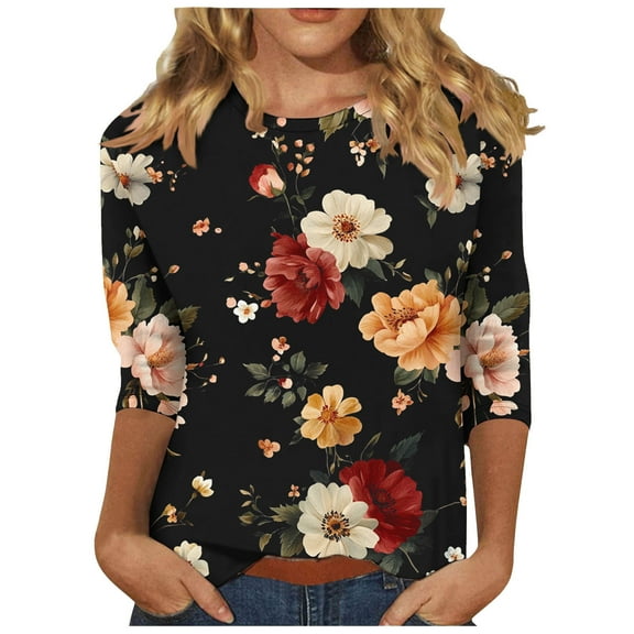 CYMMPU Blouses for Women Dressy Casual Crew Neck Loose Fit Flower Pattern Spring Tops 3/4 Sleeve Summer Fashion Shirts Tunic Tops Lightweight Basic T-Shirts Multicolor L