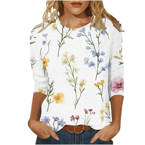 CYMMPU Blouses for Women Dressy Casual Crew Neck Loose Fit Spring Tops Flower Pattern Summer Trendy Shirts Tunic Tops 3/4 Sleeve Lightweight Basic Tees White L