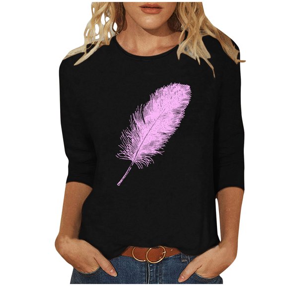 CYMMPU Blouses for Women Dressy Casual Crew Neck Loose Fit Summer Trendy Shirts Tunic Tops 3/4 Sleeve Spring Tops Flower Pattern Lightweight Basic Tees Black M