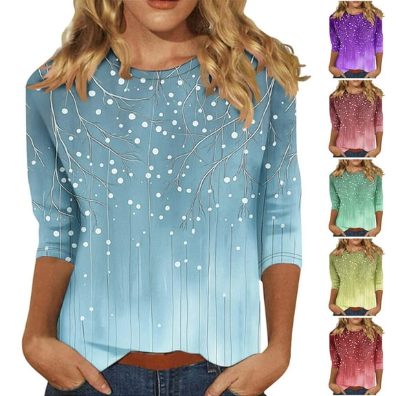 CYMMPU Blouses for Women Dressy Casual Crew Neck Loose Fit Tunic Tops 3/4 Sleeve Spring Tops Flower Pattern Fall Fashion Shirts Lightweight Basic T-Shirts Light Blue XXL