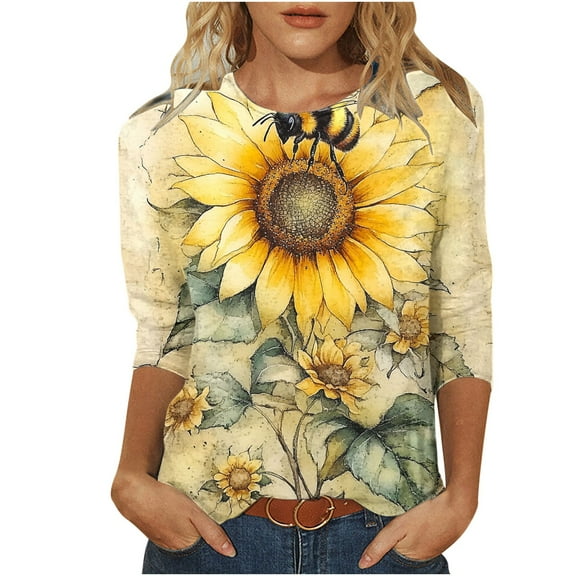 CYMMPU Blouses for Women Dressy Casual Crew Neck Spring Tops Fall Trendy Shirts Tunic Tops Bee Pattern 3/4 Sleeve Loose Fit Lightweight Basic Tees Yellow XL
