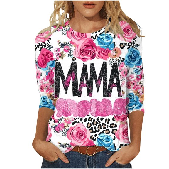 CYMMPU Blouses for Women Dressy Casual Crew Neck Spring Tops Flower Printed Loose Fit Summer Fashion Shirts Tunic Tops 3/4 Sleeve Mother's Gift Topss Pink XXXL