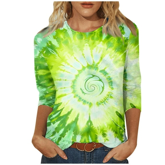 CYMMPU Blouses for Women Dressy Casual Crew Neck Summer Trendy Shirts Spring Tunic Tops 3/4 Sleeve Loose Fit Floral Pattern Lightweight Basic Tees Mint Green M