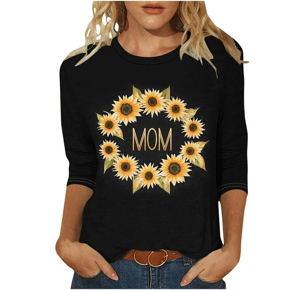 CYMMPU Blouses for Women Dressy Casual Crew Neck Tunic Tops 3/4 Sleeve Fall Trendy Shirts Loose Fit Flower Printed Spring Tops Mother's Gift Tops T-Shirts M