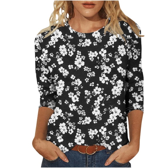 CYMMPU Blouses for Women Dressy Casual Crew Neck Tunic Tops 3/4 Sleeve Fall Trendy Shirts Spring Tops Floral Pattern Loose Fit Lightweight Basic Tees Black M