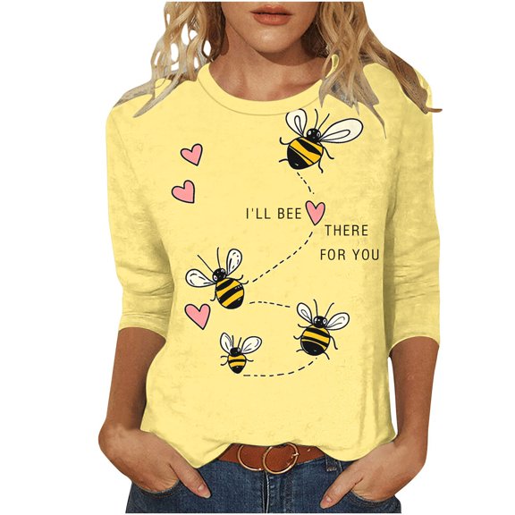 CYMMPU Blouses for Women Dressy Casual Crew Neck Tunic Tops Bee Pattern Fall Trendy Shirts 3/4 Sleeve Spring Tops Loose Fit Cute Animals T-Shirts Yellow XL