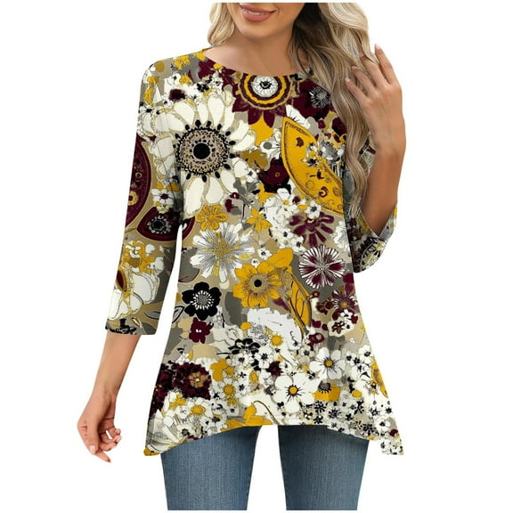 CYMMPU Blouses for Women Dressy Casual Crew Neck Tunic Tops Fall Trendy Shirts Spring Tops Loose Fit 3/4 Sleeve Flower Printed Flare Hem Hide Belly Tops to Wear with Leggings T-Shirts XXL
