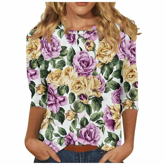 CYMMPU Blouses for Women Dressy Casual Crew Neck Tunic Tops Floral Printed 3/4 Sleeve Spring Tops Loose Fit Summer Fashion Shirts Lightweight Basic T-Shirts Multicolor XXXL