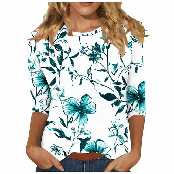 CYMMPU Blouses for Women Dressy Casual Crew Neck Tunic Tops Floral Printed Spring Tops Summer Fashion Shirts Loose Fit 3/4 Sleeve Lightweight Basic T-Shirts Multicolor S