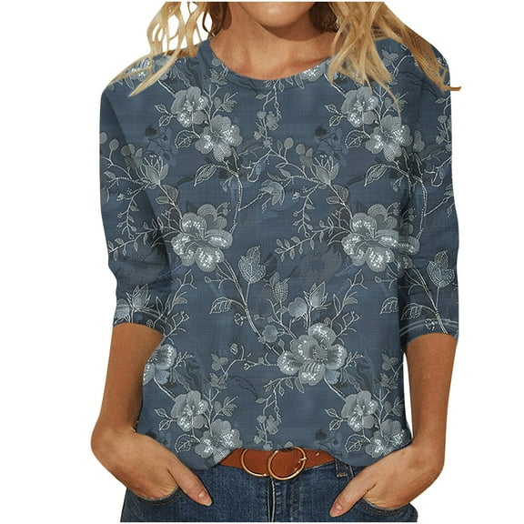 CYMMPU Blouses for Women Dressy Casual Crew Neck Tunic Tops Spring Tops 3/4 Sleeve Flower Pattern Fall Trendy Shirts Loose Fit Lightweight Basic Tees Multicolor XL