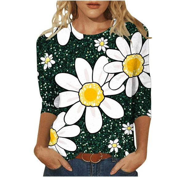 CYMMPU Blouses for Women Dressy Casual Crew Neck Tunic Tops Spring Tops Fall Fashion Shirts Loose Fit 3/4 Sleeve Flower Printed Lightweight Basic T-Shirts Army Green XXL