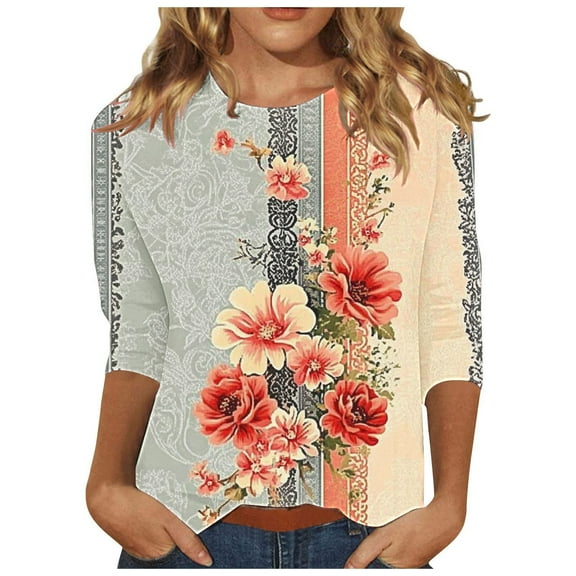 CYMMPU Blouses for Women Dressy Casual Crew Neck Tunic Tops Spring Tops Fall Trendy Shirts Floral Printed 3/4 Sleeve Loose Fit Lightweight Basic Tees Pink M