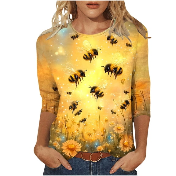 CYMMPU Blouses for Women Dressy Casual Crew Neck Tunic Tops Spring Tops Loose Fit 3/4 Sleeve Summer Trendy Shirts Bee Printed Lightweight Basic Tees Multicolor XXXXL