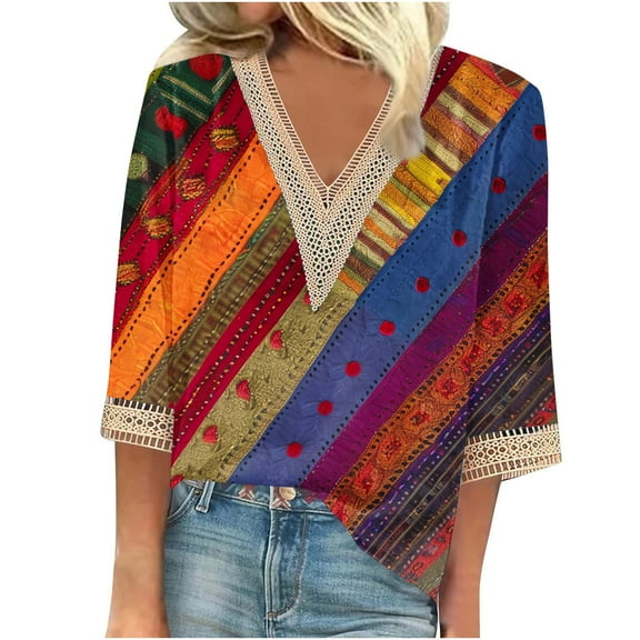 CYMMPU Blouses for Women Dressy Casual Lace V Neck Tunic Tops 3/4 Sleeve Spring Tops Loose Fit Floral Printed Fall Fashion Shirts Business Elegant Work Topss M