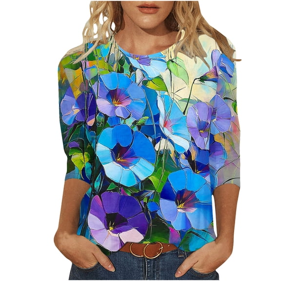 CYMMPU Blouses for Women Dressy Casual Round Neck 3/4 Sleeve Fall Fashion Shirts Floral Pattern Spring Tunic Tops Loose Fit Lightweight Basic T-Shirts Multicolor XXL