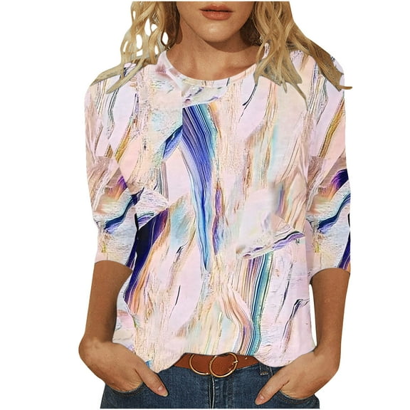 CYMMPU Blouses for Women Dressy Casual Round Neck 3/4 Sleeve Floral Printed Loose Fit Summer Trendy Shirts Tunic Tops Spring Tops Lightweight Basic Tees 12