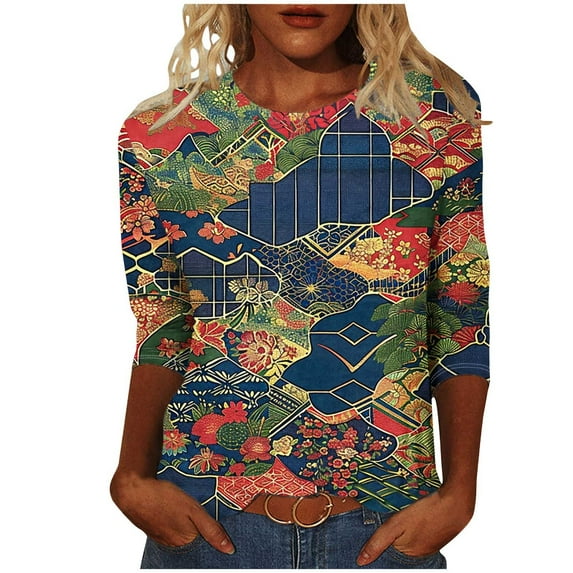 CYMMPU Blouses for Women Dressy Casual Round Neck 3/4 Sleeve Flower Printed Loose Fit Summer Trendy Shirts Tunic Tops Spring Tops Lightweight Basic Tees Multicolor XXXXXL