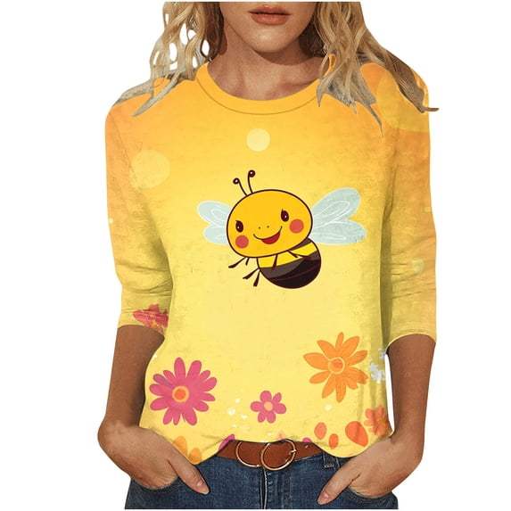 CYMMPU Blouses for Women Dressy Casual Round Neck 3/4 Sleeve Loose Fit Summer Fashion Shirts Tunic Tops Spring Tops Bee Printed Cute Animals T-Shirts M