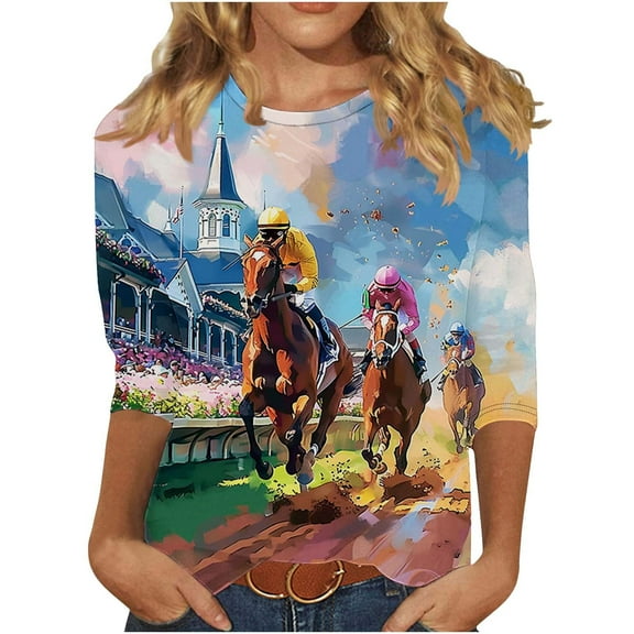 CYMMPU Blouses for Women Dressy Casual Round Neck 3/4 Sleeve Spring Tops Flower Pattern Summer Fashion Shirts Loose Fit Tunic Tops Lightweight Basic T-Shirts Multicolor S