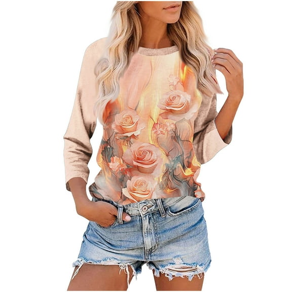 CYMMPU Blouses for Women Dressy Casual Round Neck Fall Fashion Shirts 3/4 Sleeve Flower Printed T-Shirts Spring Tops Loose Fit Lightweight Basic T-Shirts XXL