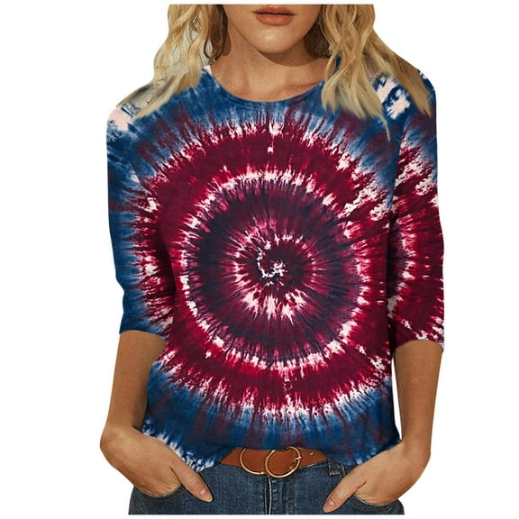 CYMMPU Blouses for Women Dressy Casual Round Neck Fall Trendy Shirts Spring Tops 3/4 Sleeve Loose Fit Tunic Tops Flower Printed Lightweight Basic Tees Navy L