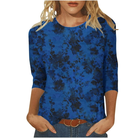 CYMMPU Blouses for Women Dressy Casual Round Neck Floral Printed Loose Fit Tunic Tops 3/4 Sleeve Fall Fashion Shirts Spring Tops Lightweight Basic T-Shirts Multicolor M