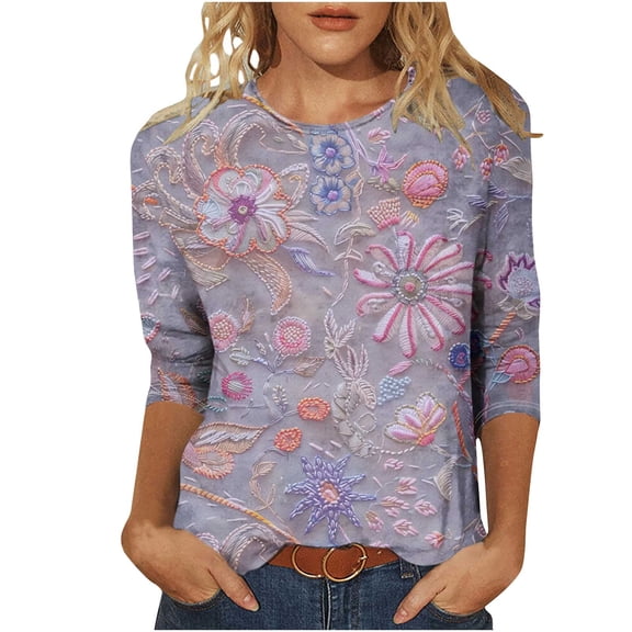 CYMMPU Blouses for Women Dressy Casual Round Neck Flower Pattern 3/4 Sleeve Tunic Tops Loose Fit Fall Trendy Shirts Spring Tops Lightweight Basic Tees Purple XXXXL