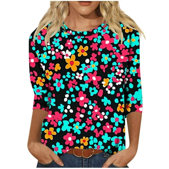 CYMMPU Blouses for Women Dressy Casual Round Neck Flower Pattern Summer Fashion Shirts Loose Fit Tunic Tops Spring Tops 3/4 Sleeve Pleated Dressy T-Shirts Sky Blue XL