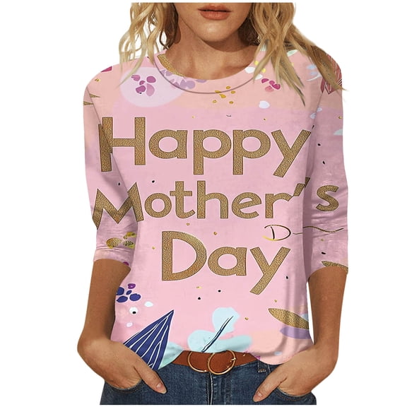 CYMMPU Blouses for Women Dressy Casual Round Neck Flower Printed Loose Fit Spring Tunic Tops Summer Fashion Shirts 3/4 Sleeve Mother's Gift Topss Pink L