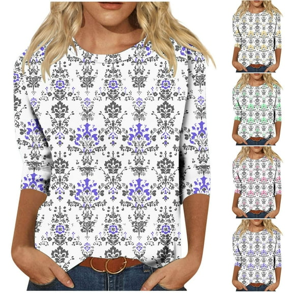 CYMMPU Blouses for Women Dressy Casual Round Neck Flower Printed Summer Trendy Shirts Tunic Tops Loose Fit Spring Tops 3/4 Sleeve Pleated Dressy T-Shirts Green XXL