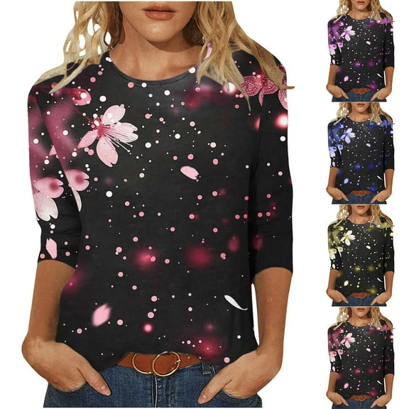 CYMMPU Blouses for Women Dressy Casual Round Neck Loose Fit Spring Tops Floral Printed 3/4 Sleeve Summer Trendy Shirts Tunic Tops Lightweight Basic Tees M
